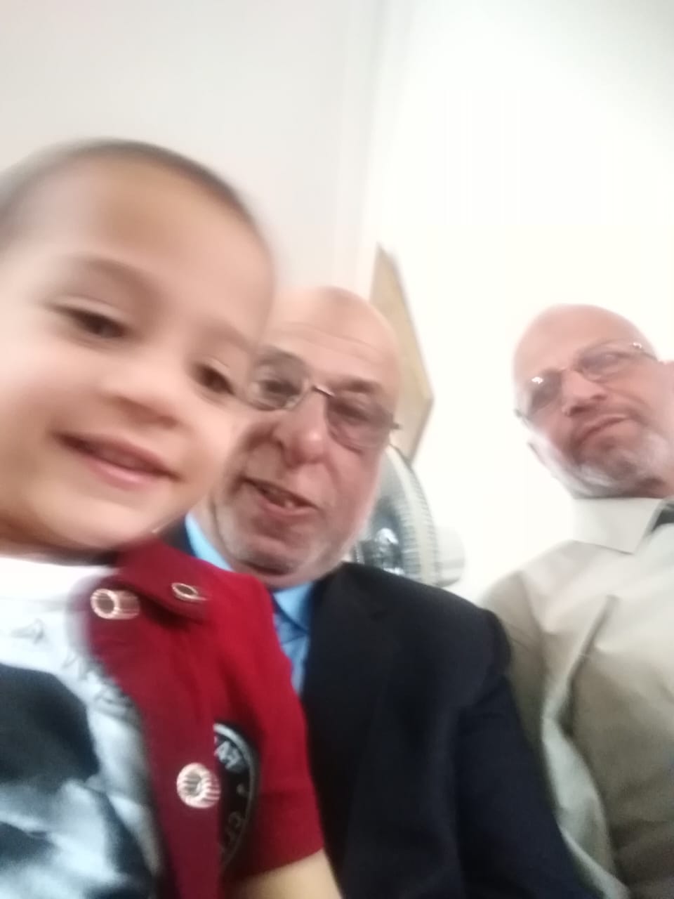 In The Middle, "Engineer Khattab Omar Abuisbae", Carrying His Great Beloved Lovely Niece Mr. "Obbada Belal Aboosba", And His Dad "Belal" to the Right, at my apartment, "Celebrating Eied's Visit", Amman City, Jordan, Year 2017, Photo135.