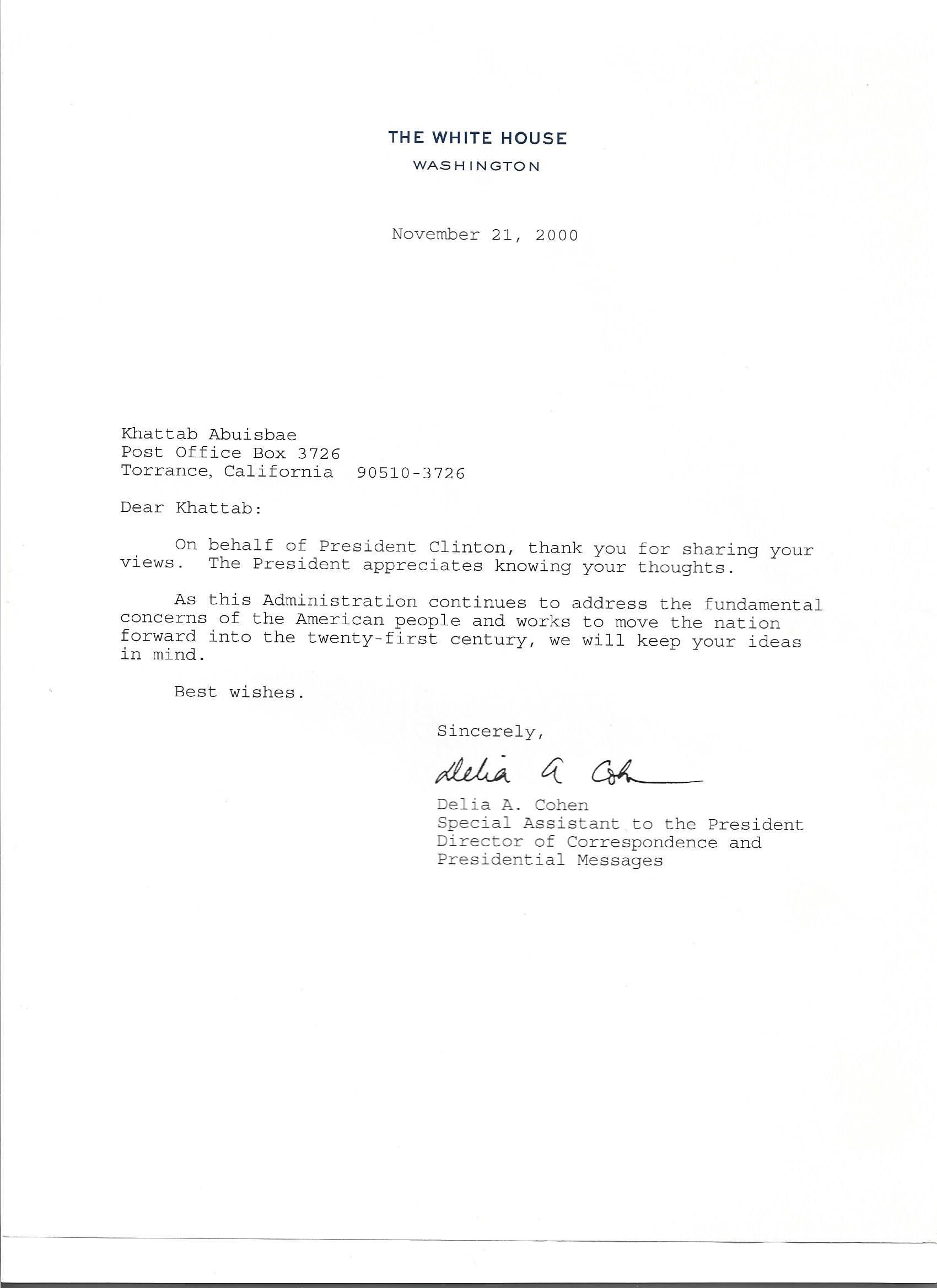 President Bill Clinton's Assistant's  Letter, To his friend, Engineer Khattab Omar Abuisbae.